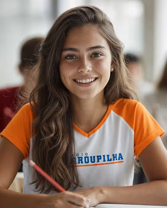 Aluna do Colégio Farroupilha sorrindo, vestindo uniforme e escrevendo com um lápis vermelho enquanto participa do projeto bilíngue.